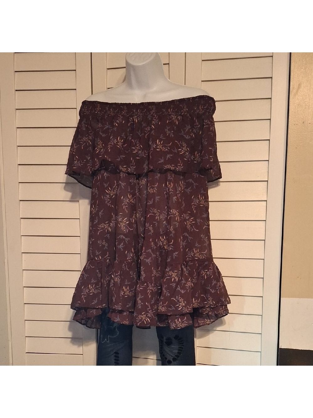Free People Purple Floral Boho Off-Shoulder Babydoll Top Sz S - Picture 1 of 6